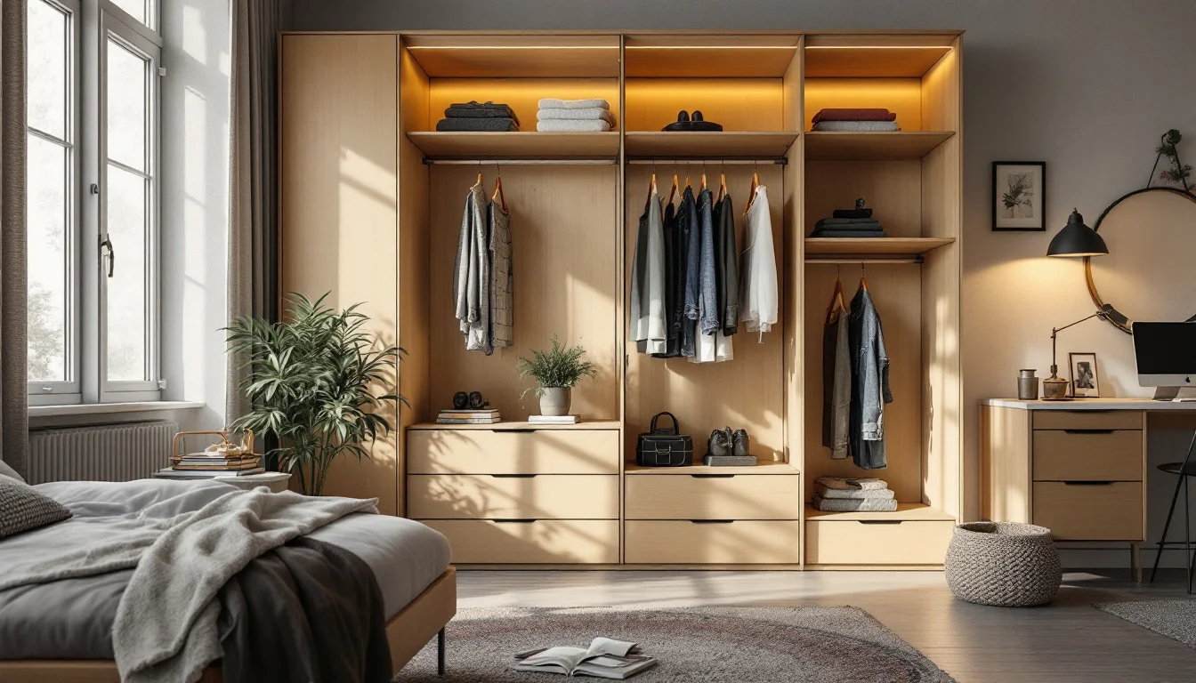 Kledingkast in een hoekje van de slaapkamer: stap voor stap met standaardelementen